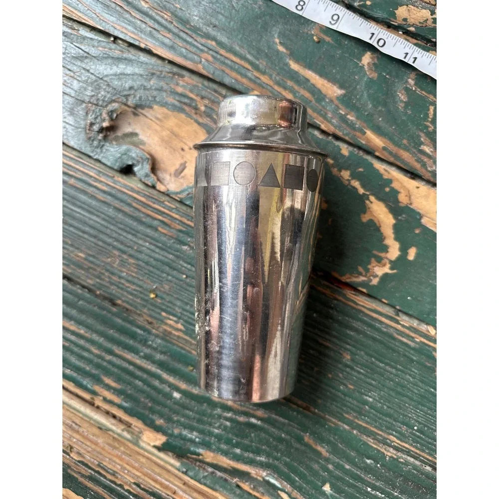 Vintage Stainless Steel Cocktail Shaker Geometric Etched 3-Piece Barware 6.5in